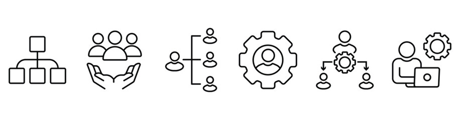 Wall Mural - set of human resource organization management with gear setting icon set teamwork structure hierarchy leadership diagram employee network symbol vector collection illustration for web and app