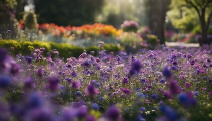 A beautiful garden with flowers of purple and blue. Sunlight shines on the colorful blooms, enhancing their vibrant appearance, creating a picturesque view of nature's finest.