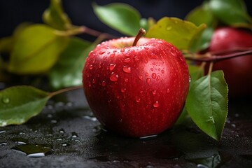 Wall Mural - Close-Up of a Fresh Red Apple with Water Droplets and Green Leaves on a Dark Surface. Generative AI