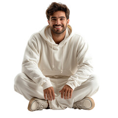 Front view full body shot of an extremely handsome Caucasian man in a graphic hoodie and sweatpants with slides sitting on the floor, smiling and isolated on a white transparent background