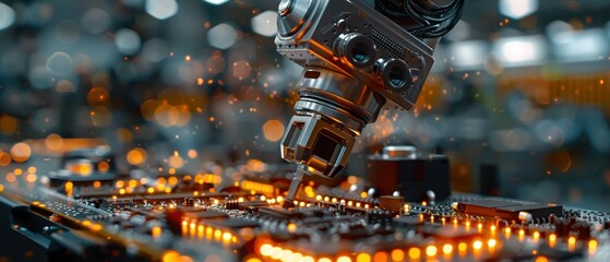 Wall Mural - close-up of a robotic arm assembling electronic components, showcasing advanced manufacturing techno