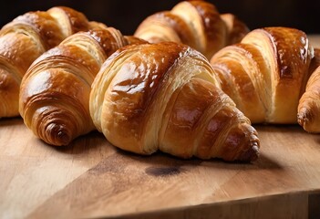 Fresh croissants on wooden table close-up	