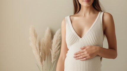 Pregnant woman in white dress touching her belly, standing near dried pampas grass with neutral background, conveying warmth and serenity.