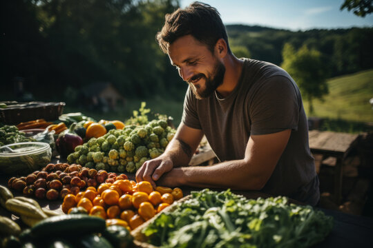 farmer arranging fresh vegetables at outdoor market stall