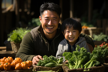 Wall Mural - Father and son at farmers market selling fresh vegetables