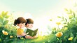 © Stone Story - Two children happily reading a book together in a lush, vibrant green meadow, surrounded by blooming flowers under a sunny sky.