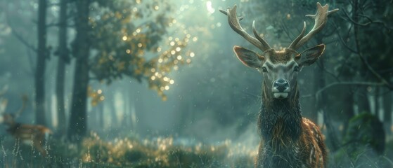 Closeup of a deer in a misty forest, 8k UHD