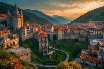 Wall Mural - A beautiful landscape of a medieval town nestled in the mountains. AI.