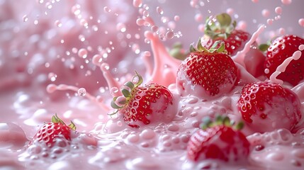 Sticker - Fresh Strawberries Splashing Into Pink Milk