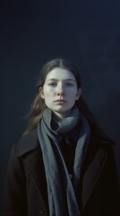 Wall Mural - A woman in a black coat and gray scarf against a dark blue background