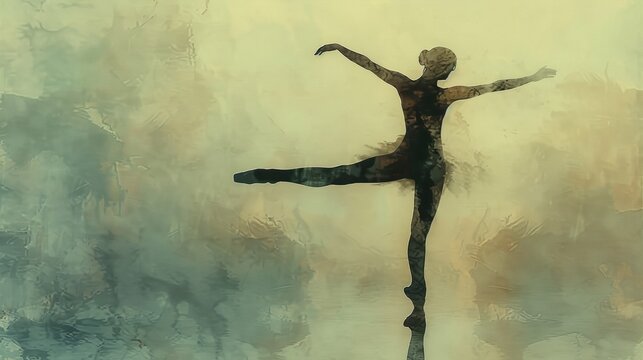 A ballet dancer in a graceful arabesque pose, balancing on tiptoe with arms outstretched, against a soft, blurred background.