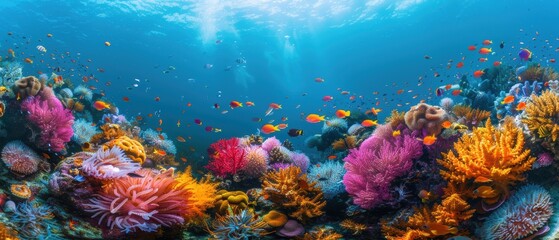 Wall Mural - Colorful coral reef with diverse marine species swimming around