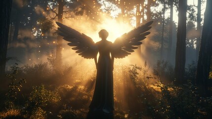 Wall Mural - Beautiful angel with wings in misty enchanted forest with sunlight rays.