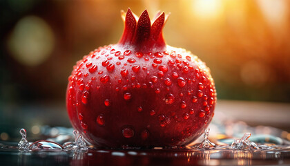 Wall Mural - Wet pomegranate. Red garnet. Ripe pomegranate in drops of water. Fruit in the rain