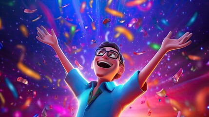 Wall Mural - Jubilant Animated Character Celebrating with Confetti