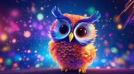 Wall Mural - Vibrant Fantasy Owl Illustration Against a Sparkling Cosmic Background