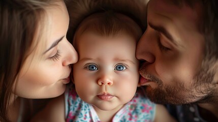 Wall Mural - Top view of cute baby with dad and mom in bed. Happy family.