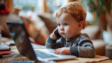 Wall Mural - Cute baby working on laptop at home. Remote work concept. Funny.