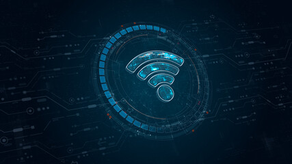 Wall Mural - blue digital wifi logo and circle futuristic hud elements with flowing arrows with data transfer and