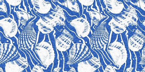 Azure blue white shell motif with linen seamless batik border background. Modern coastal beach cottage rustic shell block print home decor pattern design in sealife beach banner style. 