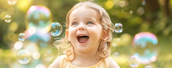 Wall Mural - Happy little girl enjoys blowing bubbles in the park on a bright summer day