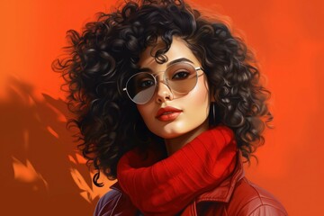 Wall Mural - bright young woman with glasses and curly hair, illustration style, close-up portrait