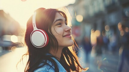 fashionable young woman enjoys listening to music on headphones on a bright city background close-up portrait