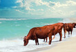 © vvvita - Brown cows drinking salty sea water on a sunny day