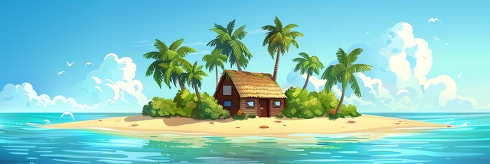 Wall Mural - Vector illustration of beautiful scenic landscape of tropical sea island with palm tree and house