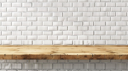 Wall Mural - Empty wooden table for product placement or montage with focus to the table top in the foreground, with glossy white brick wall background.