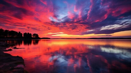 Wall Mural - Breathtaking Red and Orange Sunset Reflected in the Calm Waters of a Serene Lake. Generative AI