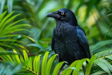 Naklejka na meble A Hawaiian crow perched on a branch in a tropical forest, its glossy black feathers and intelligent eyes capturing the essence of this rare bird. 