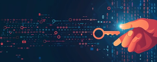 side view flat design of a hand holding a key surrounded by binary code, highlighting the role of en