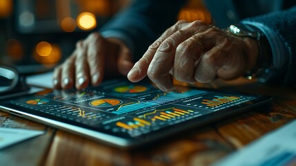 Wall Mural - A close-up shot of hands interacting with a tablet showing financial graphs, with various scattered financial documents and papers in the background.