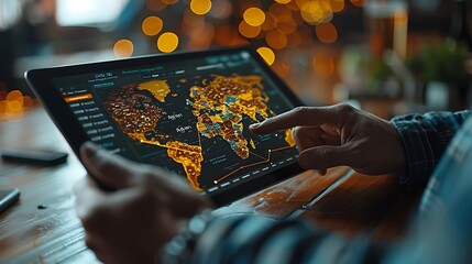 Wall Mural - A close-up shot of hands interacting with a tablet showing data charts, with various scattered analytic reports in the background.