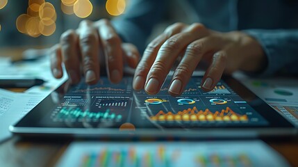 Wall Mural - A close-up shot of hands interacting with a tablet showing market trends and graphs, with various scattered financial reports and papers in the background.