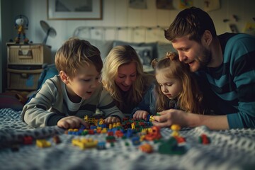 Wall Mural - Whole family having a fun time playing with colorful blocks together on a cozy bed