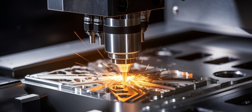 Cnc milling machine crafting intricate metal shape with sparks in precise manufacturing process