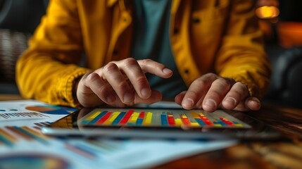 Wall Mural - Close-up of hands interacting with a tablet displaying growth charts, surrounded by scattered business plans and reports in the background.