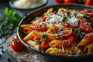 Wall Mural - Penne alla Vodka is a classic Italian pasta dish made with penne in a creamy tomato and vodka sauce close-up in a plate. Penne pasta. Italian Food Concept with Copy Space.