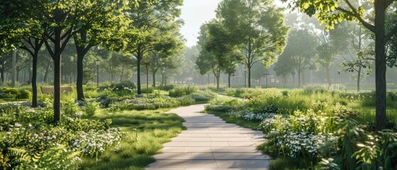 Digital green urban park with diverse plant species