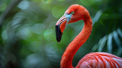 Close-up of a bright pink flamingo in lush green tropical foliage, vibrant wildlife photography