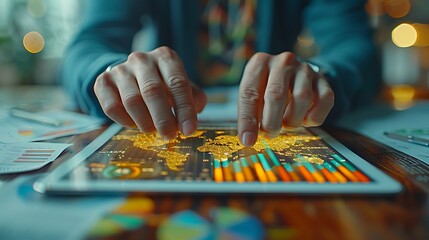 Wall Mural - Two hands in a close-up shot interacting with a tablet displaying growth charts, with scattered business plans and reports in the background.