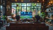 © svastix - Two people seated on a leather couch in a well-decorated living room, watching a soccer game on a big screen TV. The scene showcases modern living and mutual enjoyment.