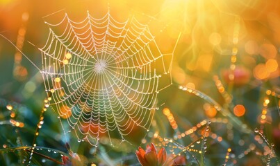 Dew-covered spiderweb in grass