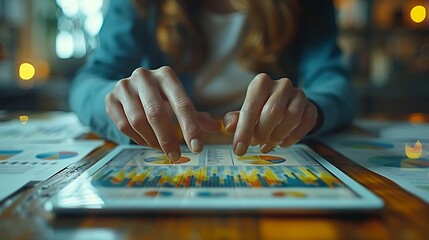 Wall Mural - Two hands in a close-up shot working on a tablet displaying interactive graphs, with scattered papers in the background, capturing the essence of an ongoing discussion.