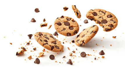 Chocolate chip cookie floating on a white background. Aesthetic sweet food concept. Flying chocolate biscuits