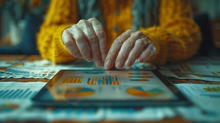 Wall Mural - Two hands in a close-up shot working on a tablet showing project timelines and charts, with scattered project plans and documents in the background, capturing the essence of project coordination.