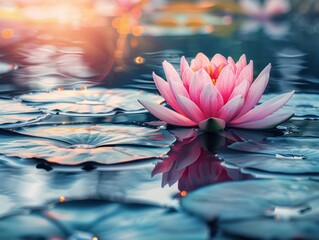 Pink water lily blooms on serene pond at sunset