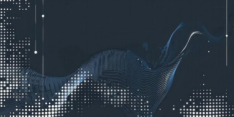 Abstract dark blue background with pixelated wave patterns and white glowing lines and dots.